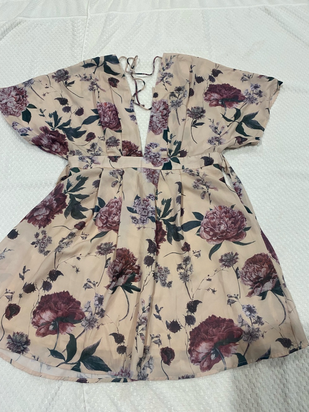 Floral V-Neck Mini Dress in Blush with Plum Blooms